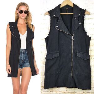 Free People Vest Womens XS Black Denim Moto Long Relax Frayed Rock Goth OB663677